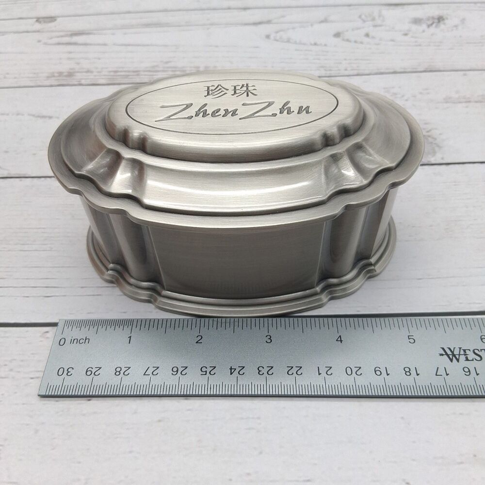 Pewter Jewelry/Trinket Box With Red Velvet Lining & Pouch Hinged Lid Zhen Zhu - Picture 10 of 12